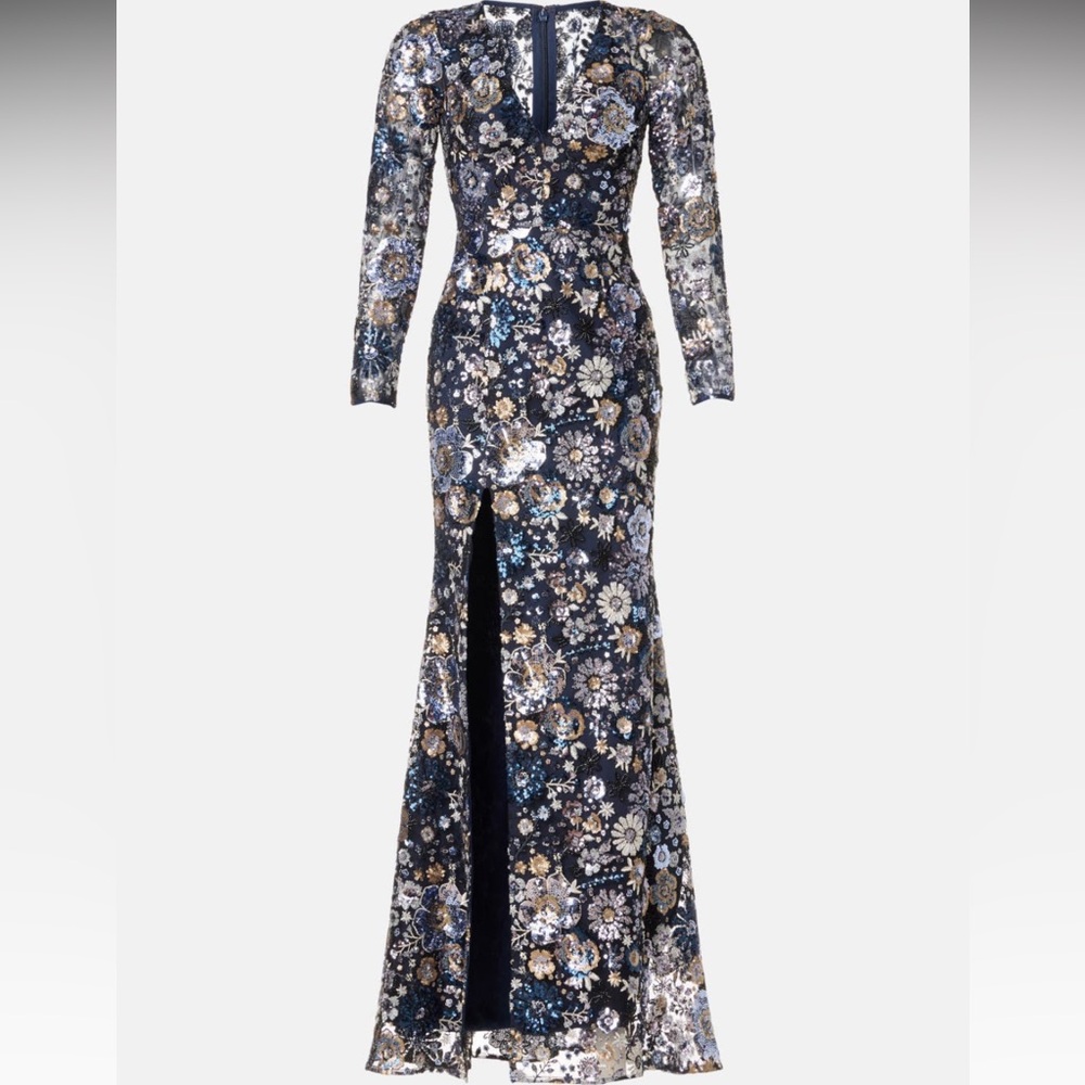 Dress the Population Navy Floral Sequin Long Sleeve Gown - Picture 2 of 11